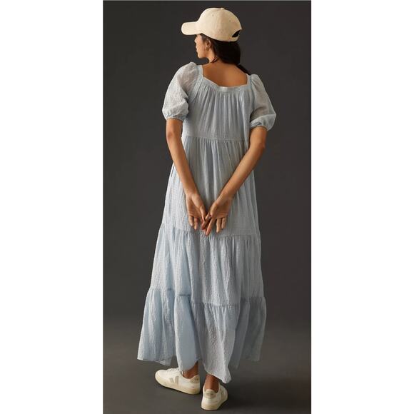 Anthropologie Light Blue Tiered Puff-Sleeve Lightweight Maxi Dress Size Medium - Picture 2 of 10